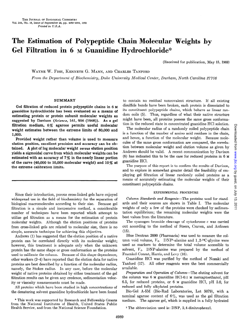 Pdf The Estimation Of Polypeptide Chain Molecular Weights By Gel Filtration In 6 M Guanidine Hc1