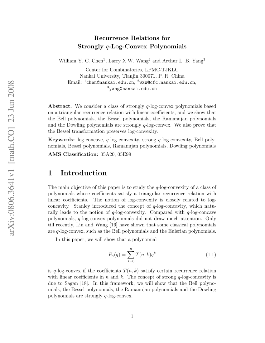 Pdf Recurrence Relations For Strongly Q Log Convex Polynomials