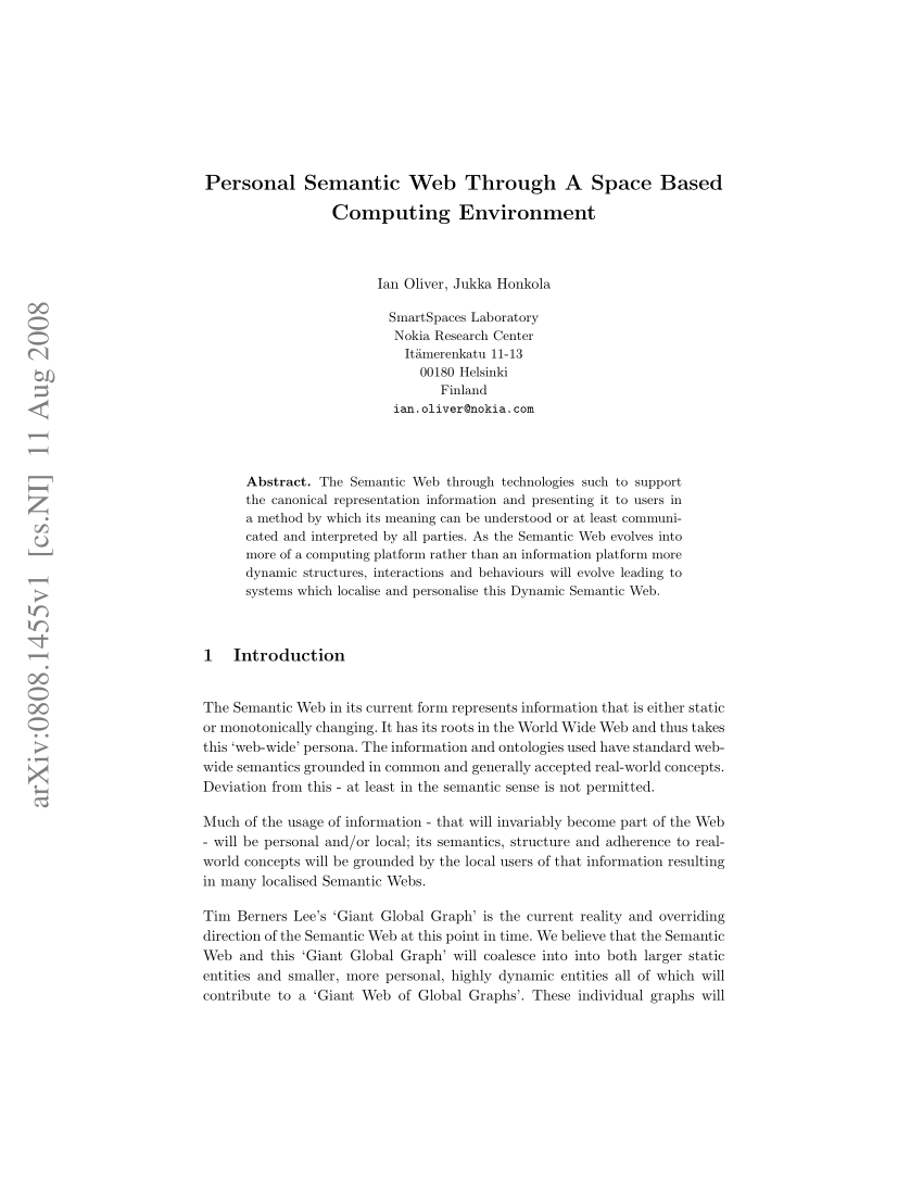 Pdf Personal Semantic Web Through A Space Based Computing Environment