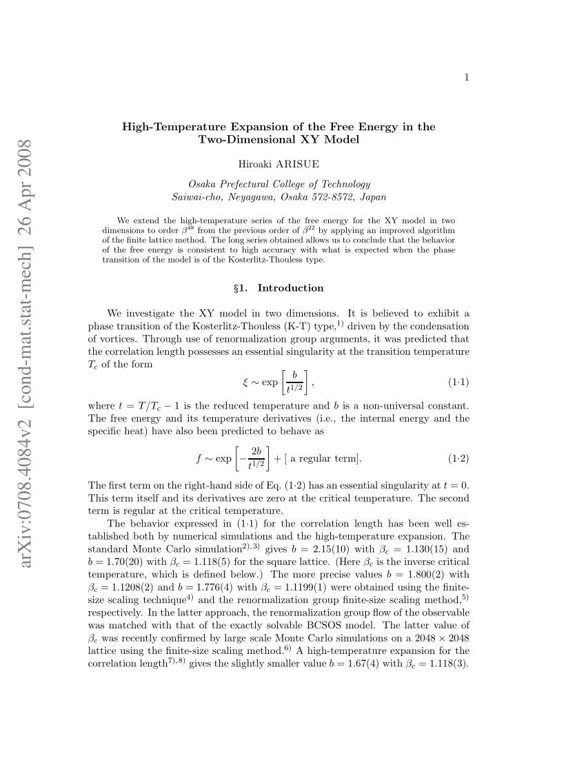 Pdf High Temperature Expansion Of The Free Energy In The Two Dimensional Xy Model