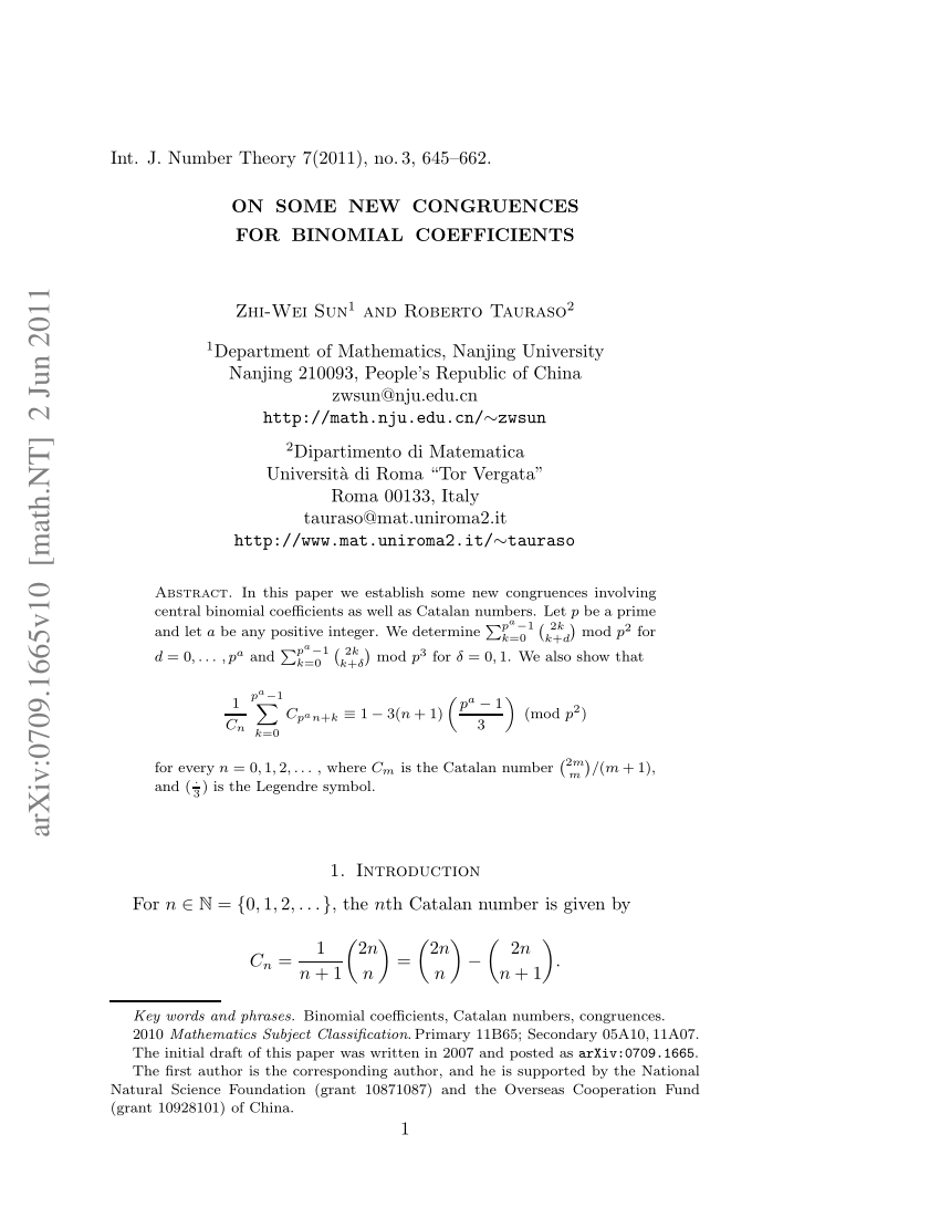 Pdf On Some New Congruences For Binomial Coefficients