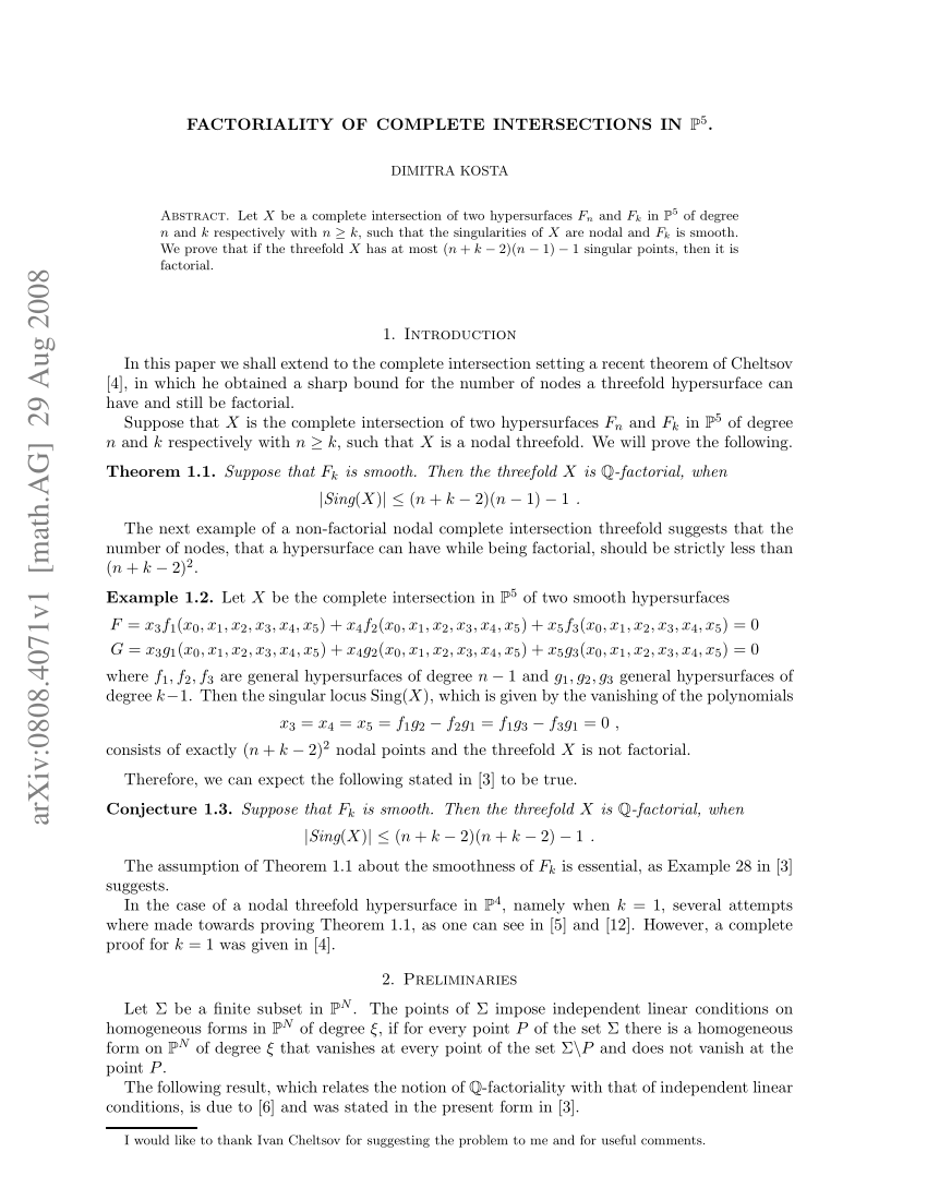 Pdf Factoriality Of Complete Intersection Threefolds