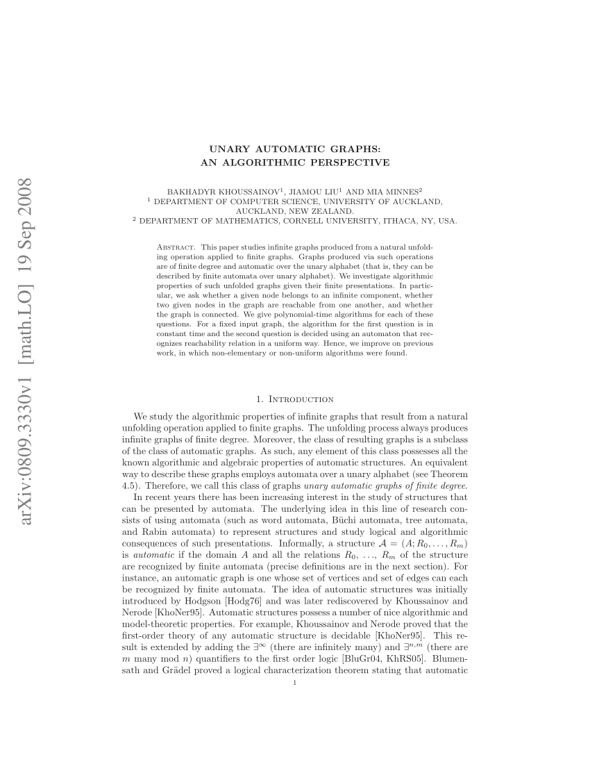 (PDF) Unary Automatic Graphs: An Algorithmic Perspective