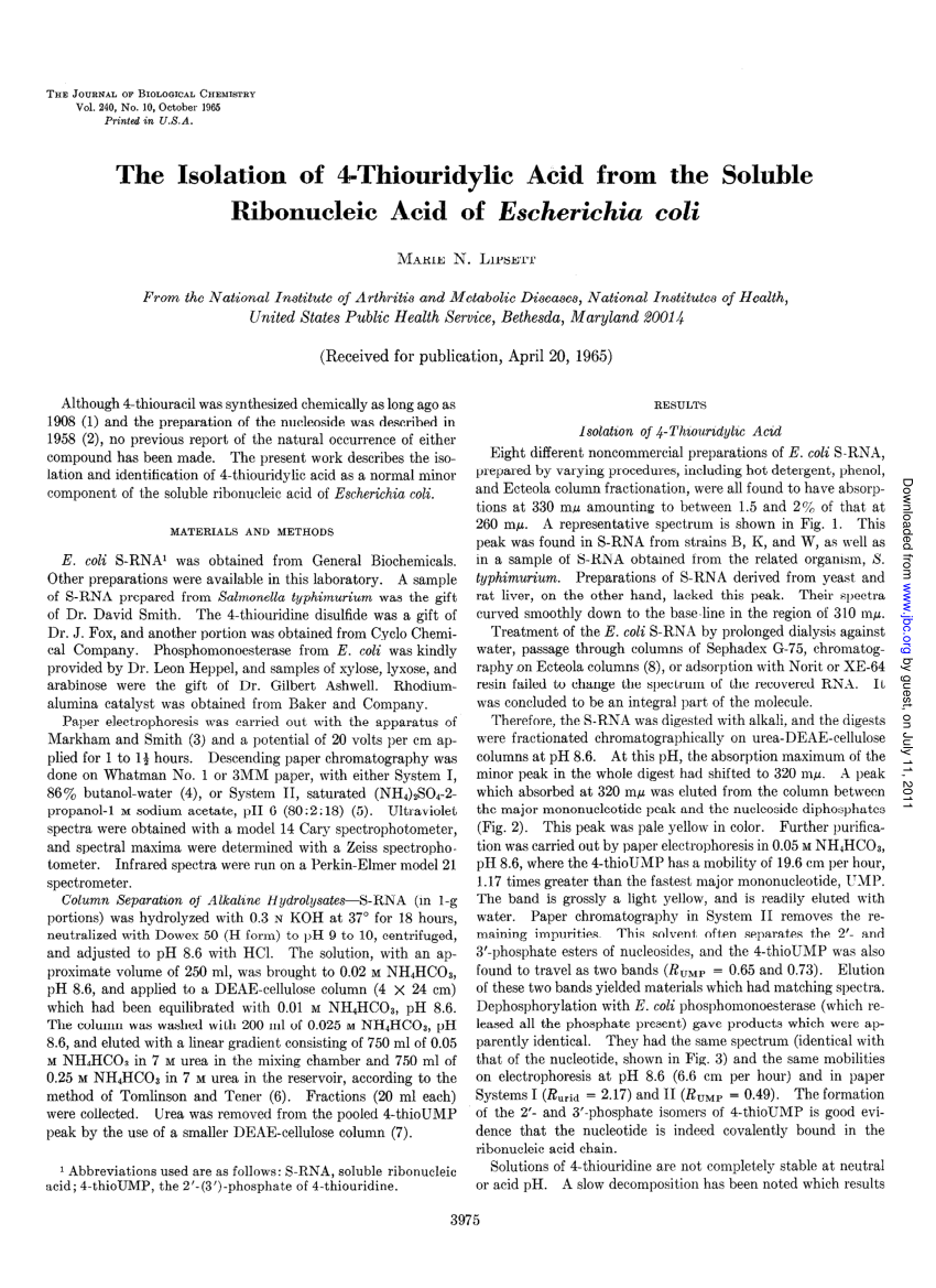(PDF) The Isolation of 4 Thiouridylic Acid from the Soluble Ribonucleic