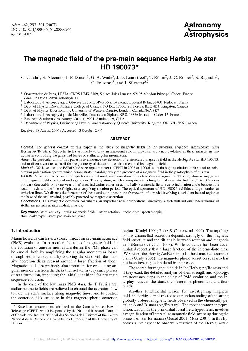 Pdf The Magnetic Field Of The Pre Main Sequence Herbig Ae Star Hd