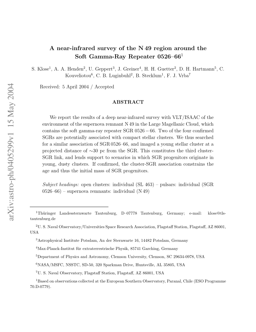 Pdf A Near Infrared Survey Of The N49 Region Around The Soft Gamma Repeater Sgr 0526 66