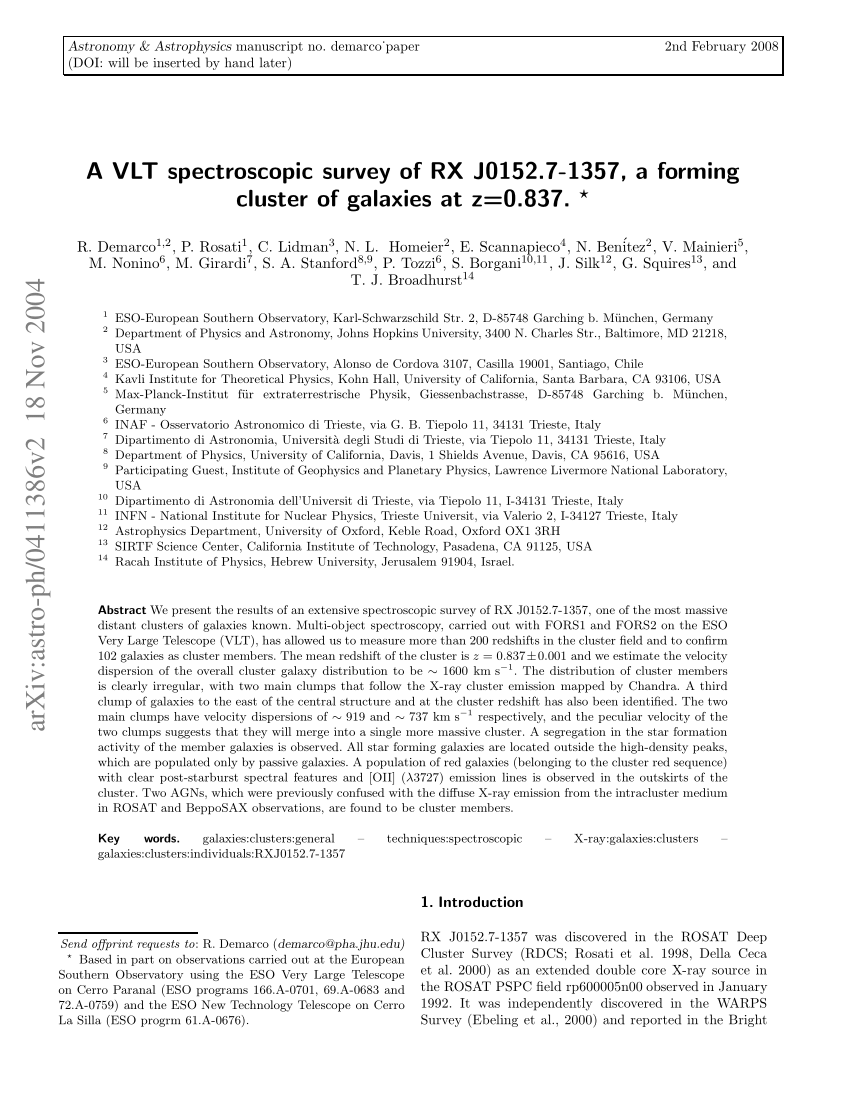 Pdf A Vlt Spectroscopic Survey Of Rx J0152 7 1357 A Forming Cluster Of Galaxies At Z 0 7