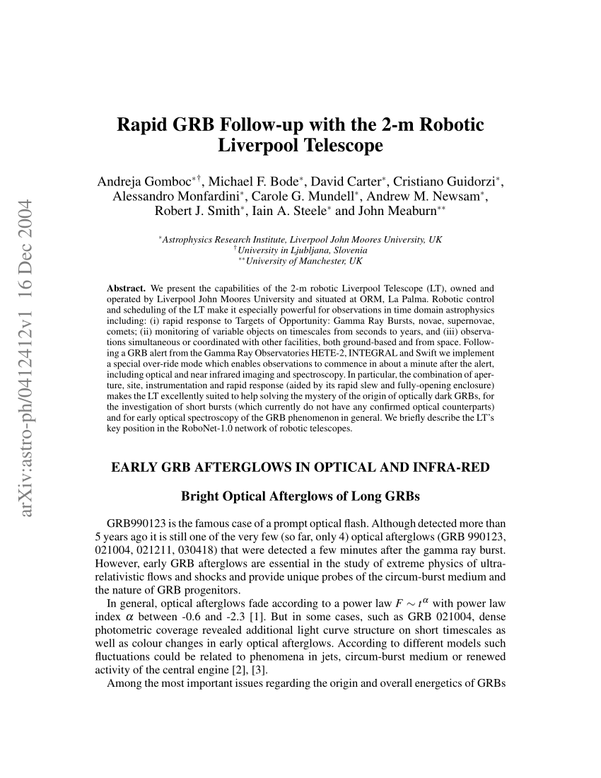 Pdf Rapid Grb Follow Up With The 2 M Robotic Liverpool Telescope