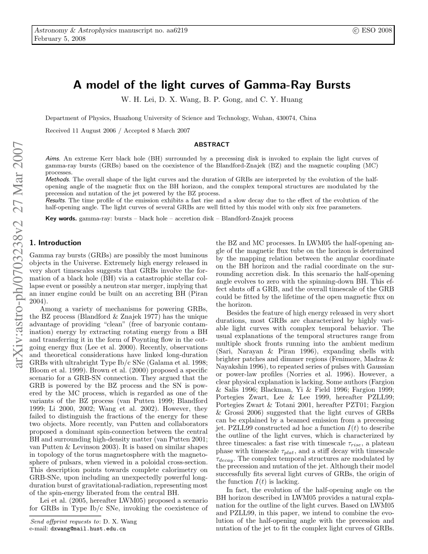 Pdf A Model Of The Light Curves Of Gamma Ray Bursts - 