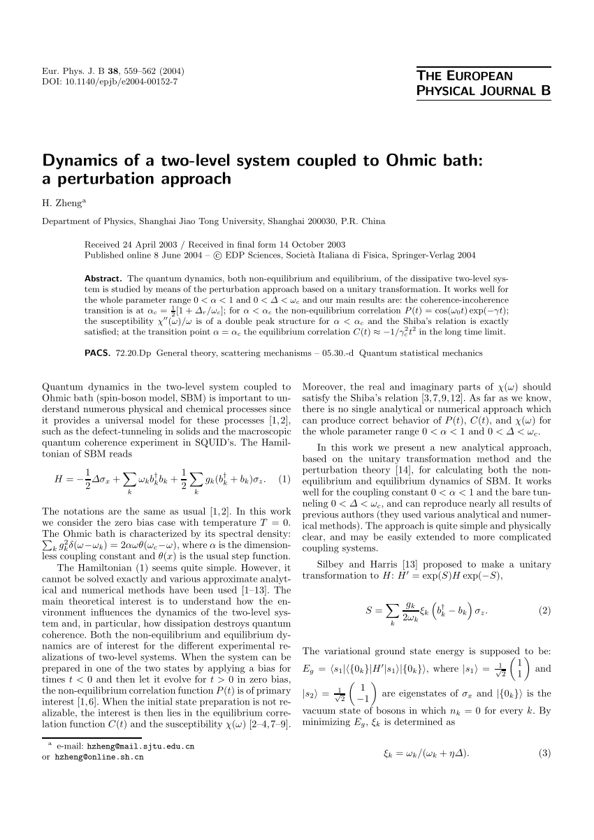 Pdf Dynamics Of A Two Level System Coupled To Ohmic Bath A Perturbation Approach