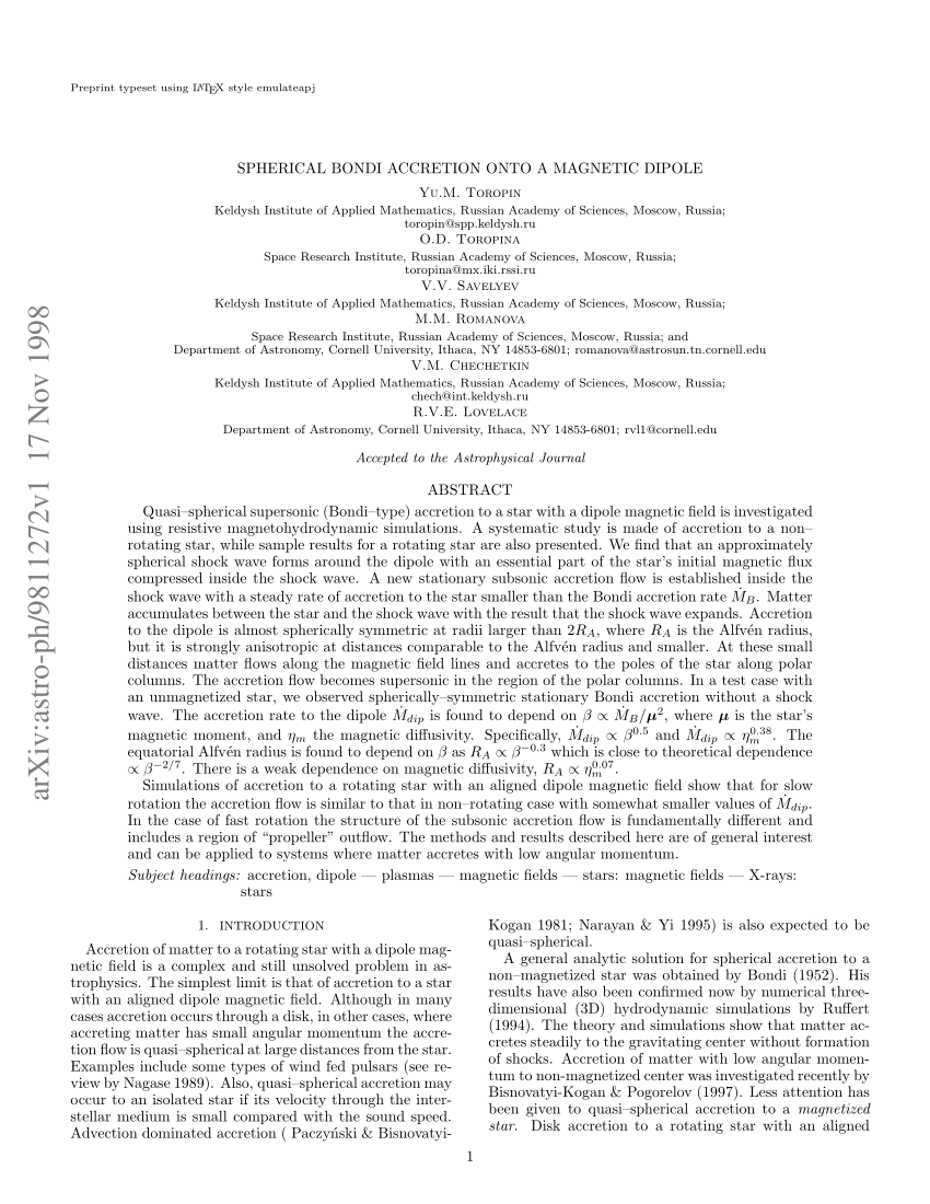 (PDF) Spherical Bondi Accretion onto a Magnetic Dipole