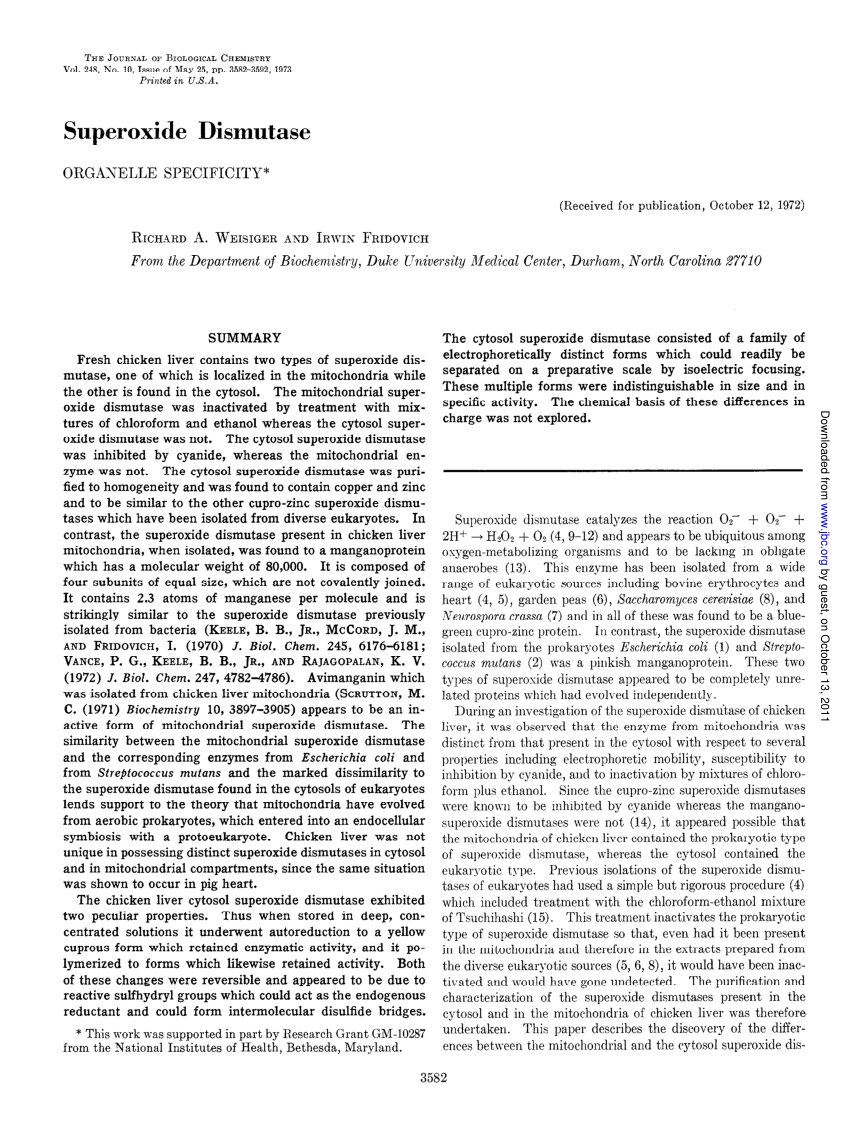 (PDF) Superoxide dismutase. Organelle specificity