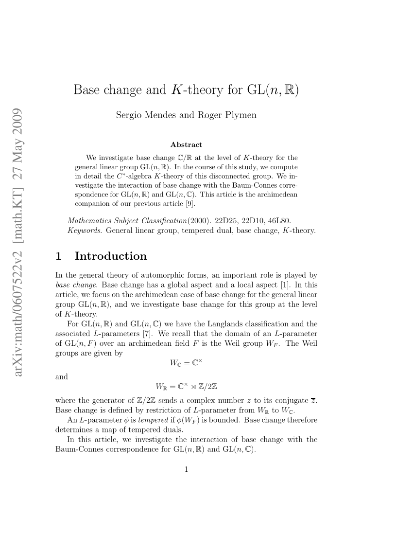 Pdf Base Change And K Theory For Gl N R