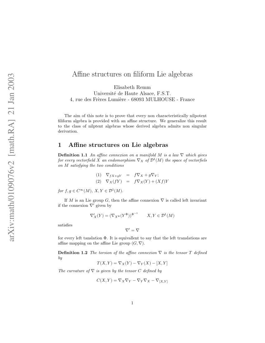 Pdf Affine Structures On Filiform Lie Algebras