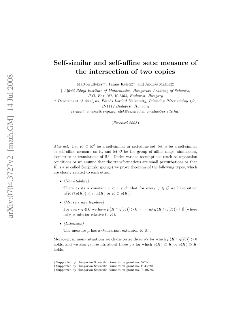 Pdf Self Similar And Self Affine Sets Measure Of The Intersection Of Two Copies