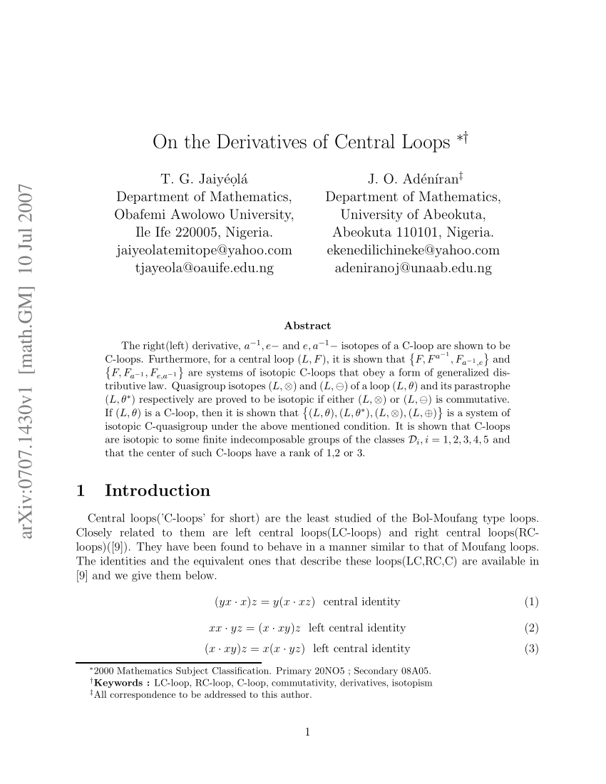 Pdf On The Derivatives Of Central Loops