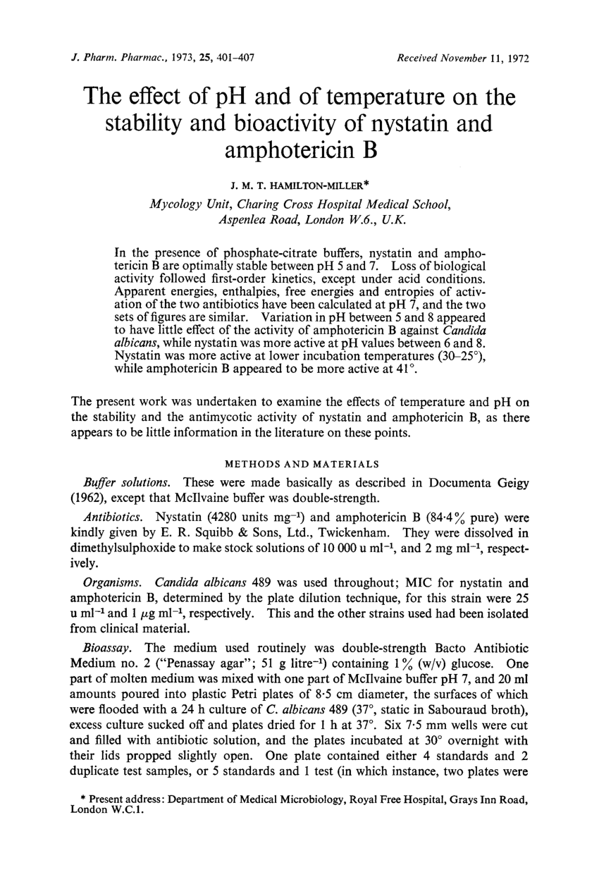 Pdf The Effect Of Ph And Temperature On The Stability And Bioactivity Of Nystatin And Amphotericin B