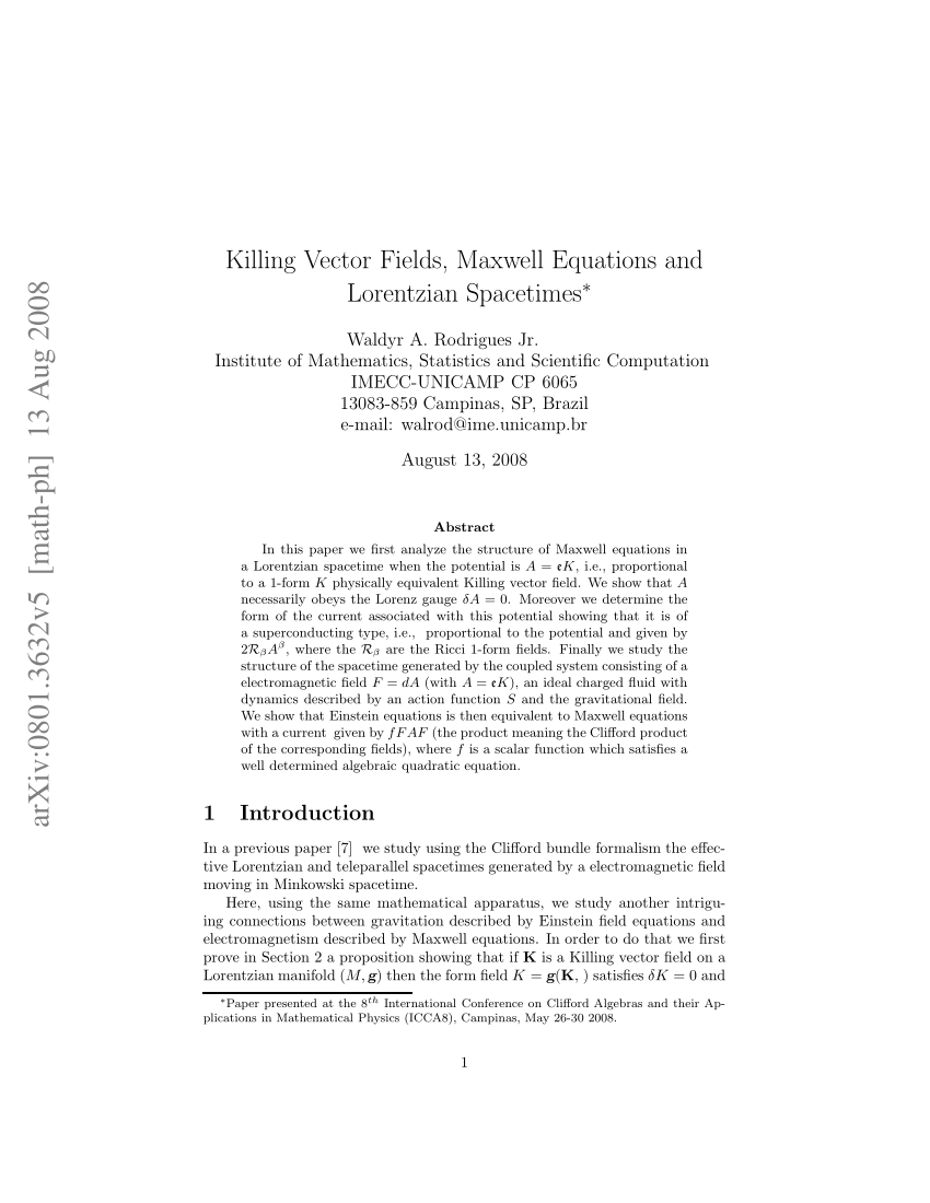 (PDF) Killing Vector Fields, Maxwell Equations and Lorentzian Spacetimes