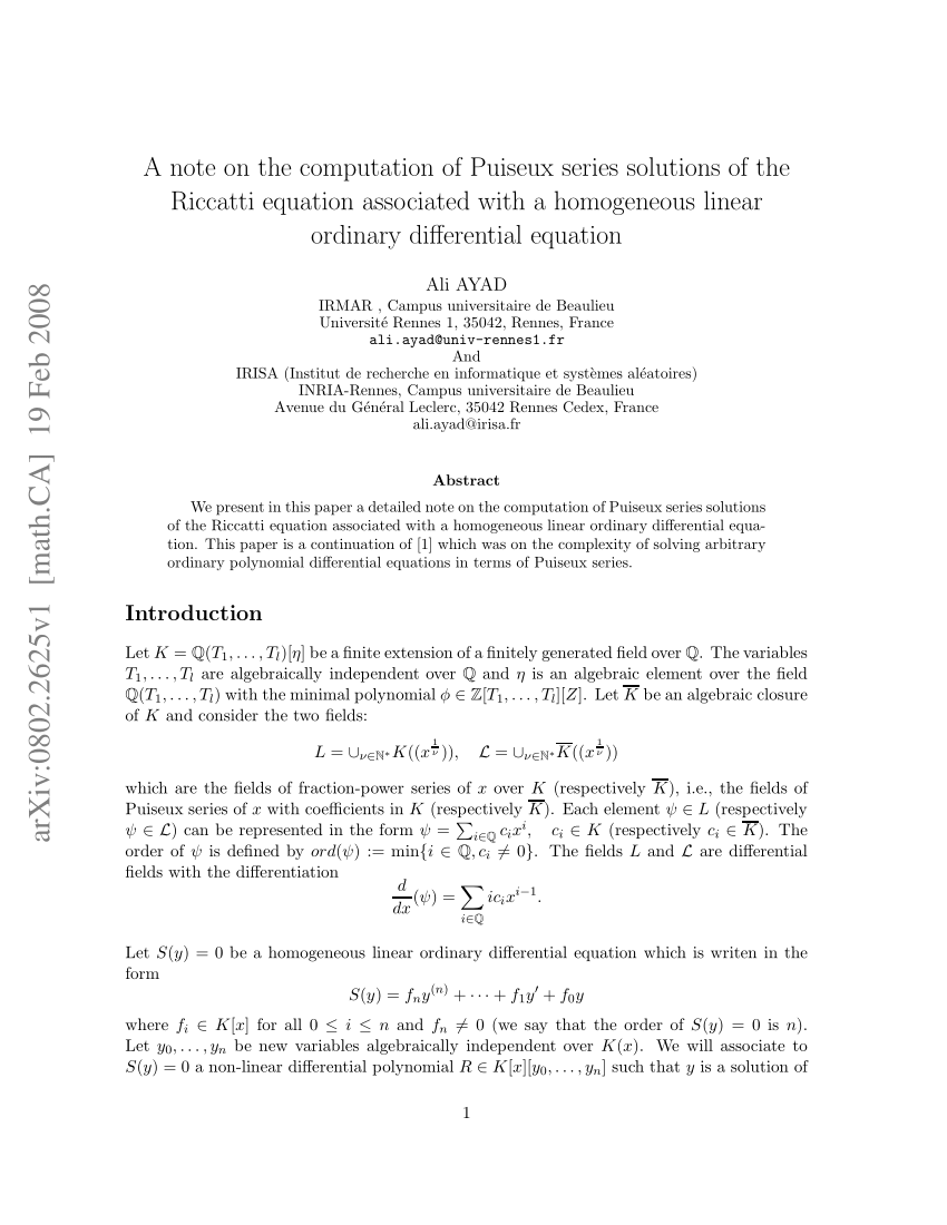 Pdf A Note On The Computation Of Puiseux Series Solutions Of The Riccatti Equation Associated 4590