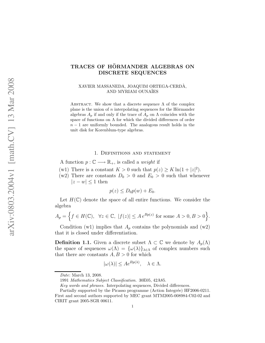 Pdf Traces Of Hormander Algebras On Discrete Sequences