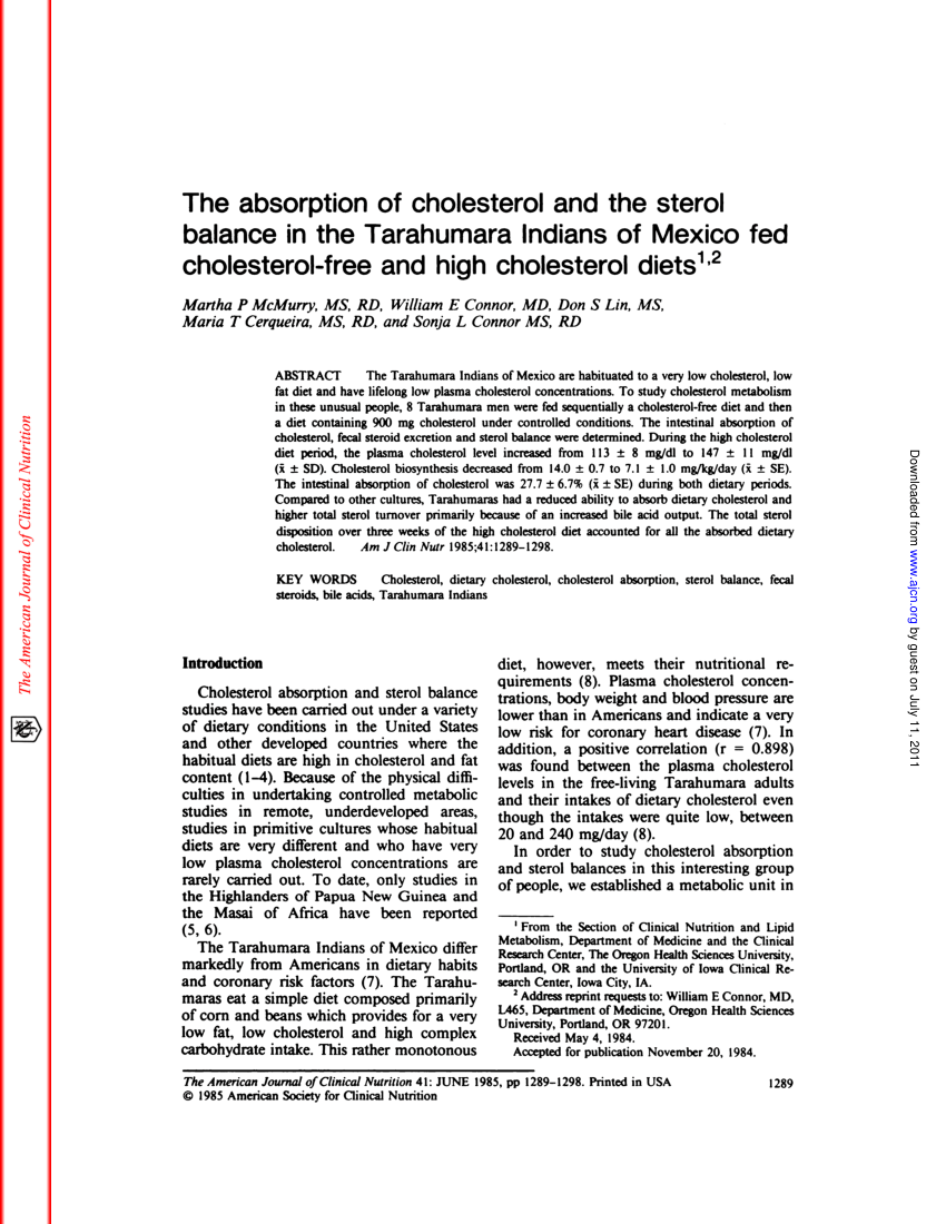 Pdf The Absorption Of Cholesterol And The Sterol Balance In The Tarahumara Indians Of Mexico Fed Cholesterol Free And High Cholesterol Diets
