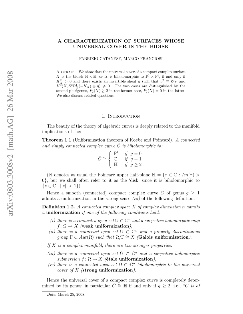 Pdf A Characterization Of Surfaces Whose Universal Cover Is The Bidisk