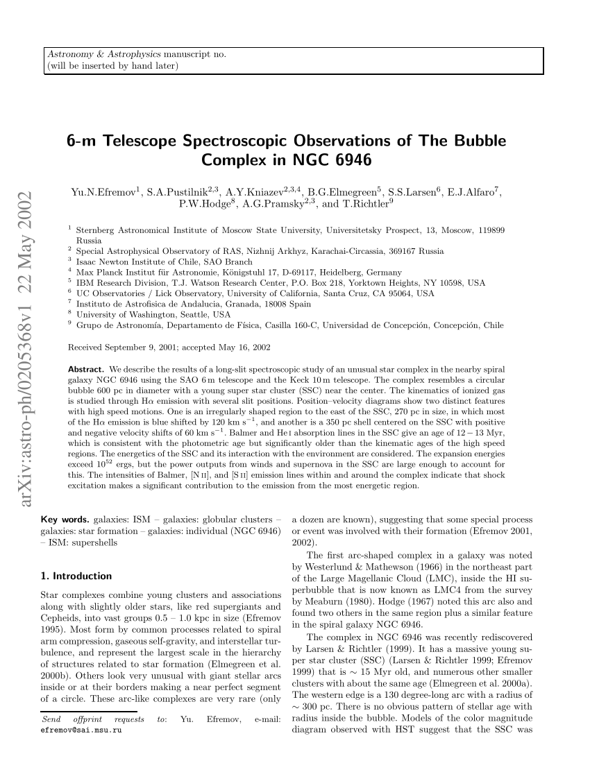 Pdf 6 M Telescope Spectroscopic Observations Of The Bubble Complex In Ngc 6946