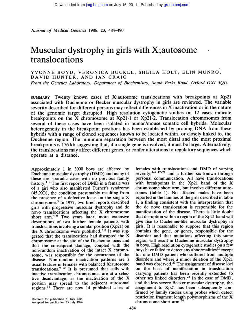 Pdf Muscular Dystrophy In Girls With Xautosome Translocations 1590