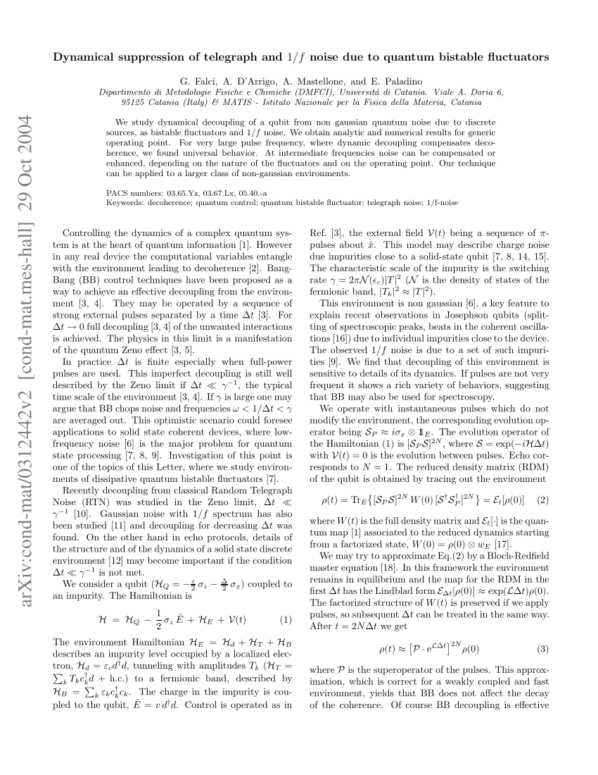 Pdf Dynamical Suppression Of Telegraph And 1 F Noise Due To Quantum Bistable Fluctuator