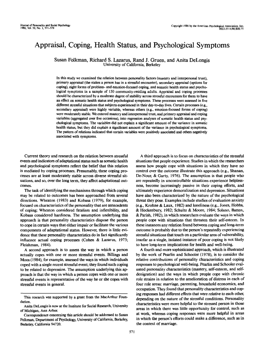 PDF) Appraisal, Coping, Health Status, and Psychological Symptoms