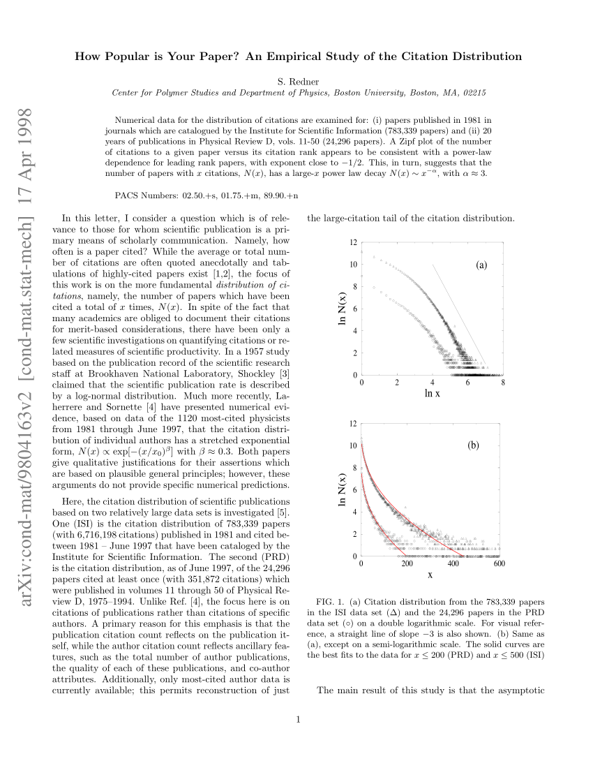 Pdf How Popular Is Your Paper An Empirical Study Of The Citation Distribution