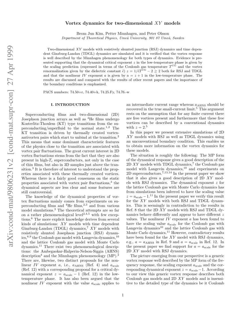 Pdf Vortex Dynamics For Two Dimensional Xy Models