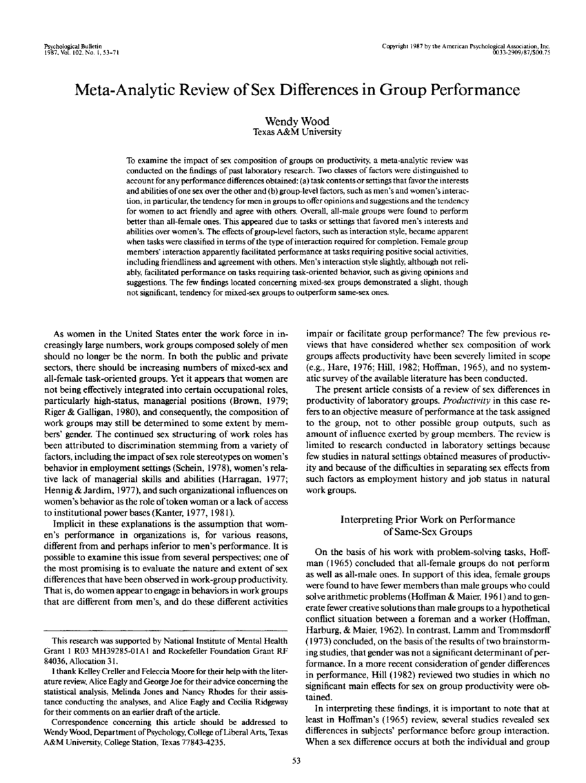 Pdf Meta Analytic Review Of Sex Differences In Group Performance 8274