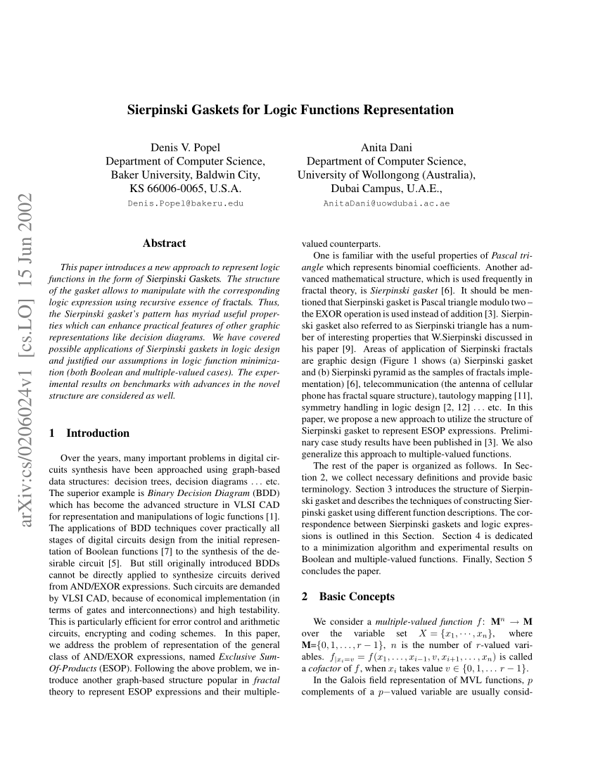 Pdf Sierpinski Gaskets For Logic Functions Representation