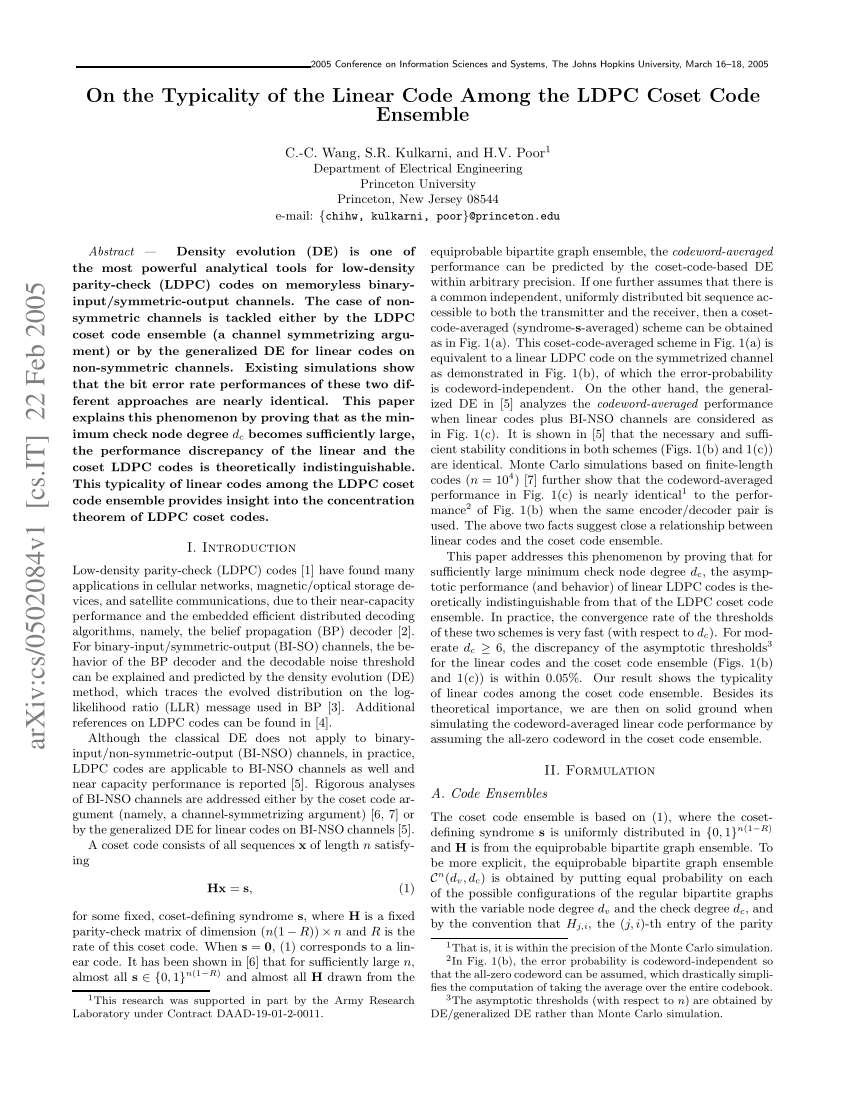 Pdf On The Typicality Of The Linear Code Among The Ldpc Coset Code Ensemble