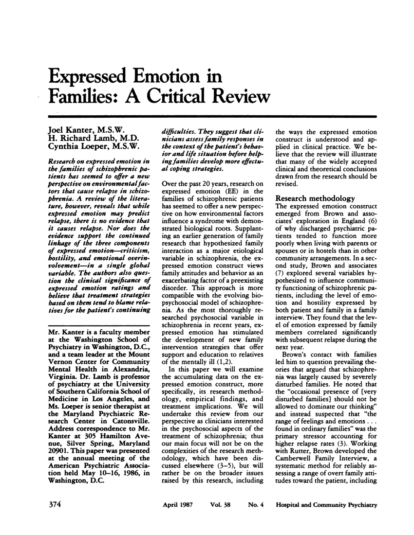 Pdf Expressed Emotion In Families A Critical Review