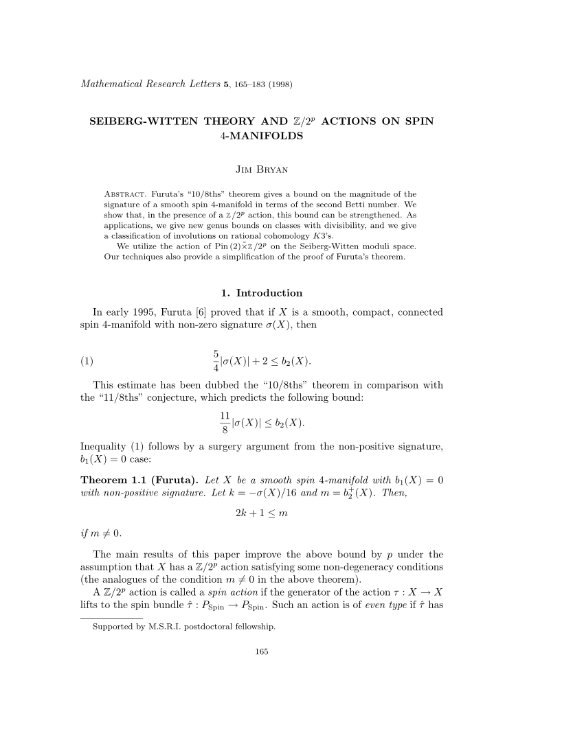 Pdf Seiberg Witten Theory And Z 2 P Actions On Spin 4 Manifolds