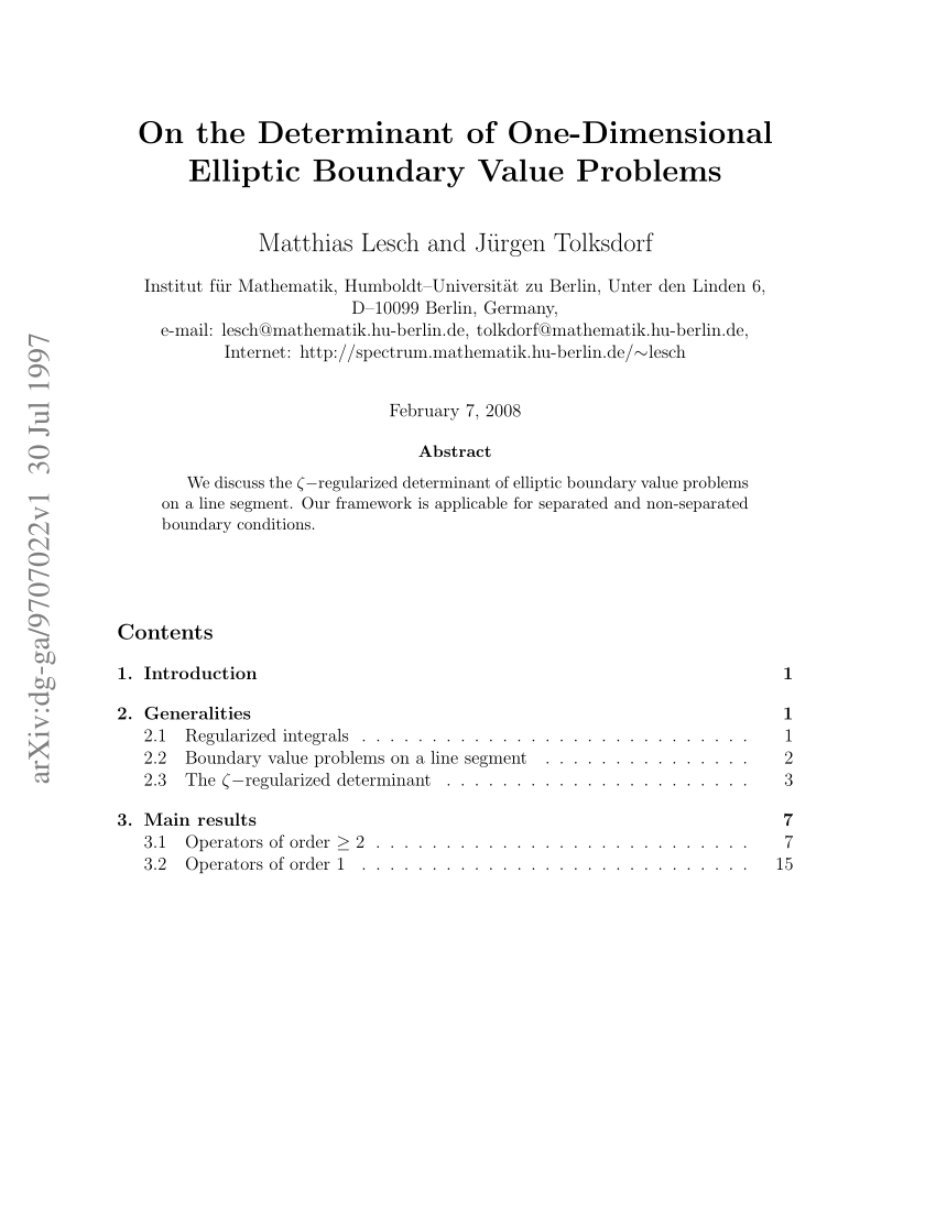 Pdf On The Determinant Of One Dimensional Elliptic Boundary Value