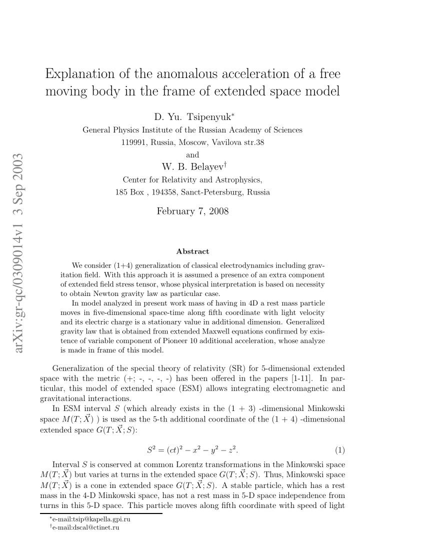 Pdf Explanation Of The Anomalous Acceleration Of A Free Moving Body In The Frame Of Extended Space Model