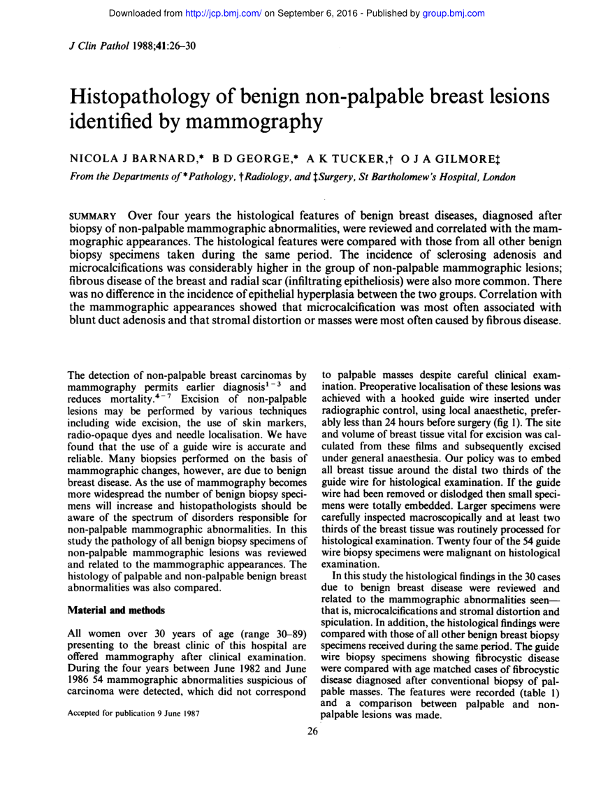 Pdf Histopathology Of Benign Non Palpable Breast Lesions Identified By Mammography