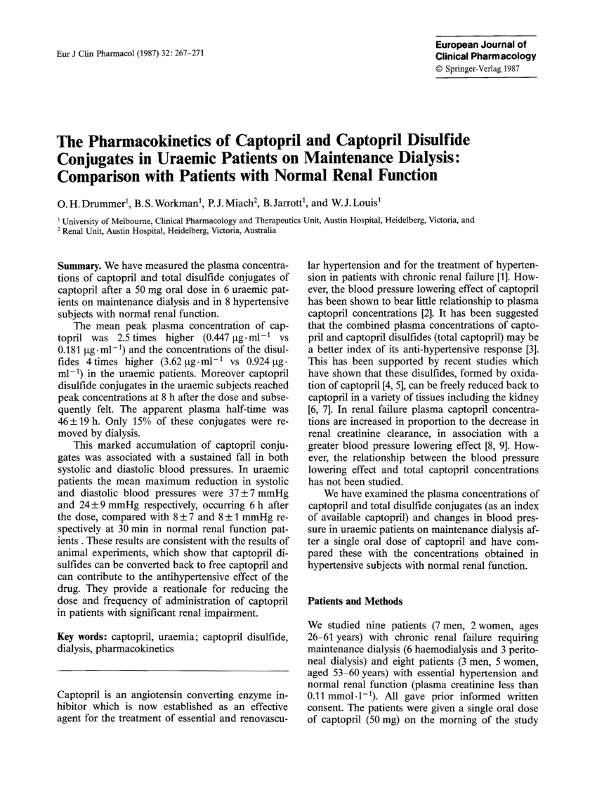 Pdf The Pharmacokinetics Of Captopril And Captopril Disulfide Conjugates In Uraemic Patients On Maintenance Dialysis Comparison With Patients With Normal Renal Function