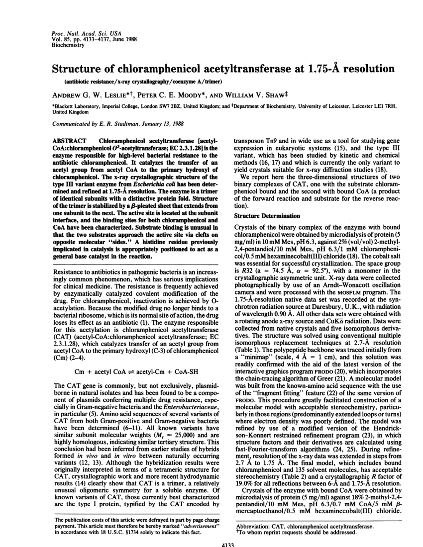 Pdf Structure Of Chloramphenicol Acetyltransferase At 1 75 A Resolution