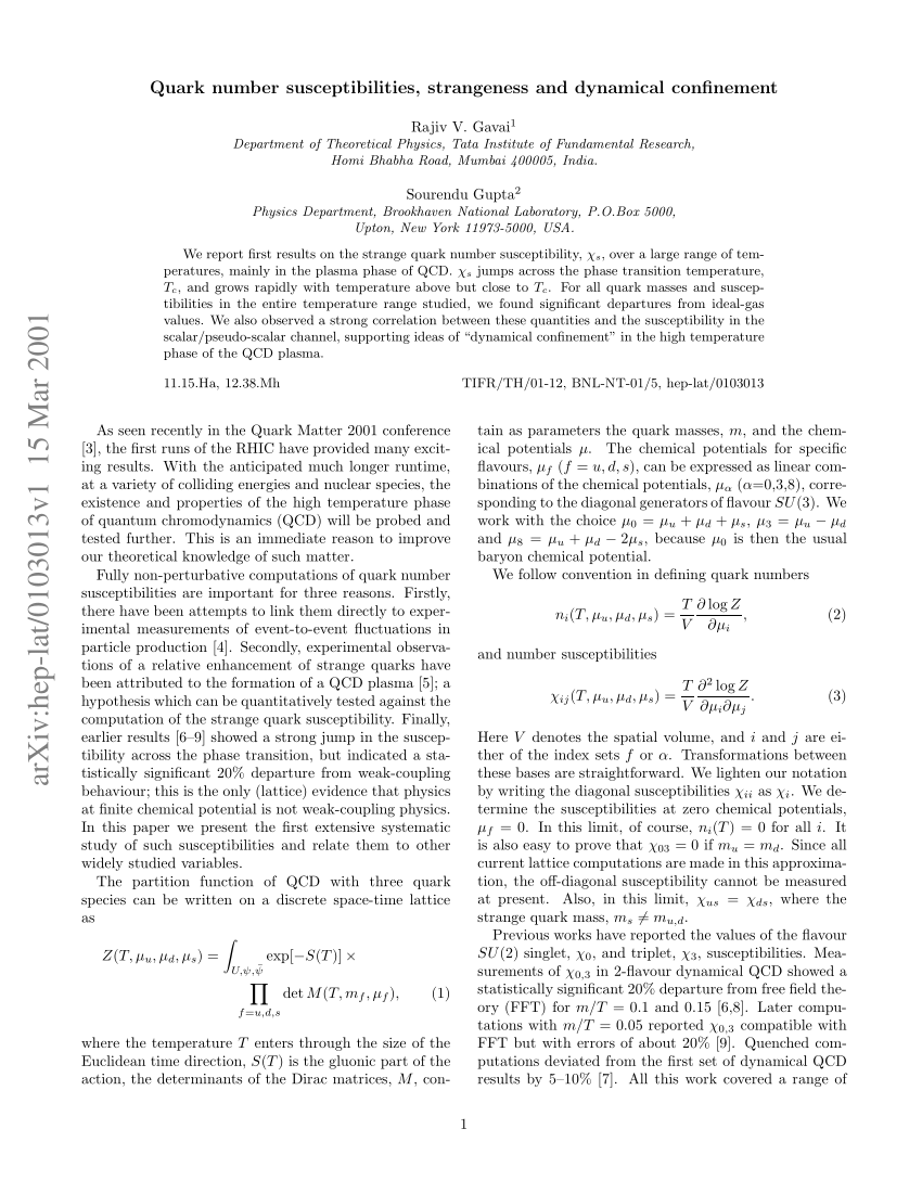 Pdf Quark Number Susceptibilities Strangeness And Dynamical Confinement