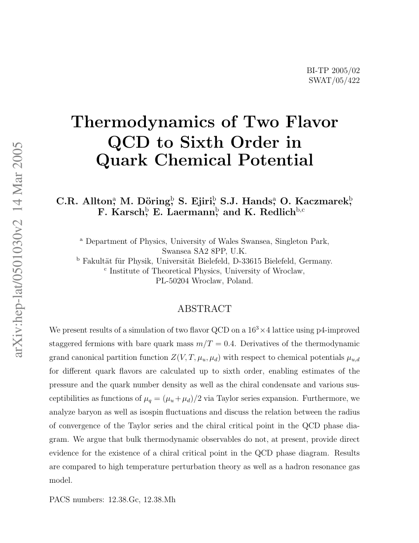 Pdf Thermodynamics Of Two Flavor Qcd To Sixth Order In Quark Chemical Potential
