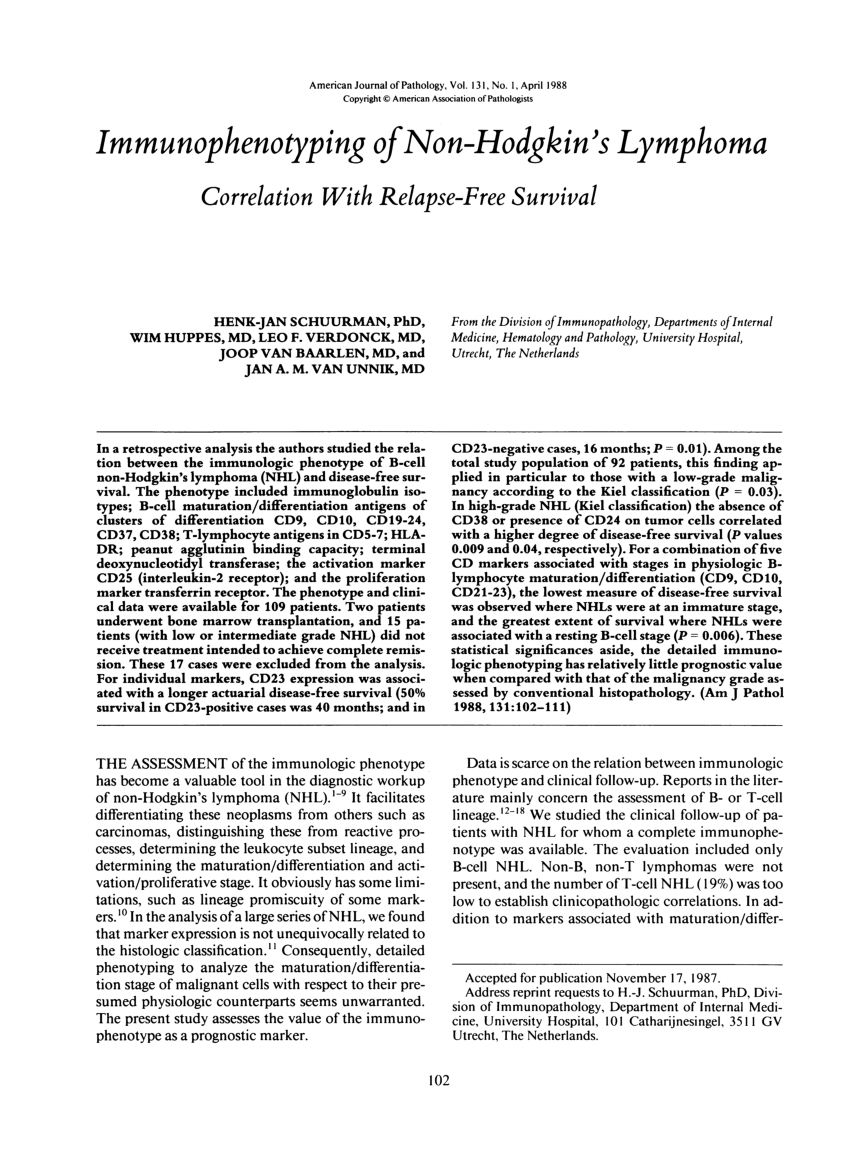 Pdf Immunophenotyping Of Non Hodgkins Lymphoma Correlation With Relapse Free Survival 