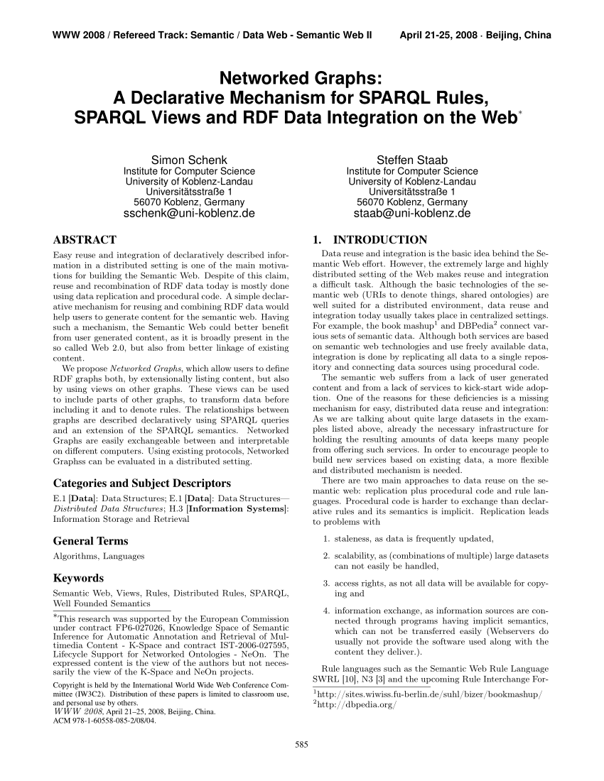Pdf Networked Graphs A Declarative Mechanism For Sparql Rules Sparql Views And Rdf Data Integration On The Web