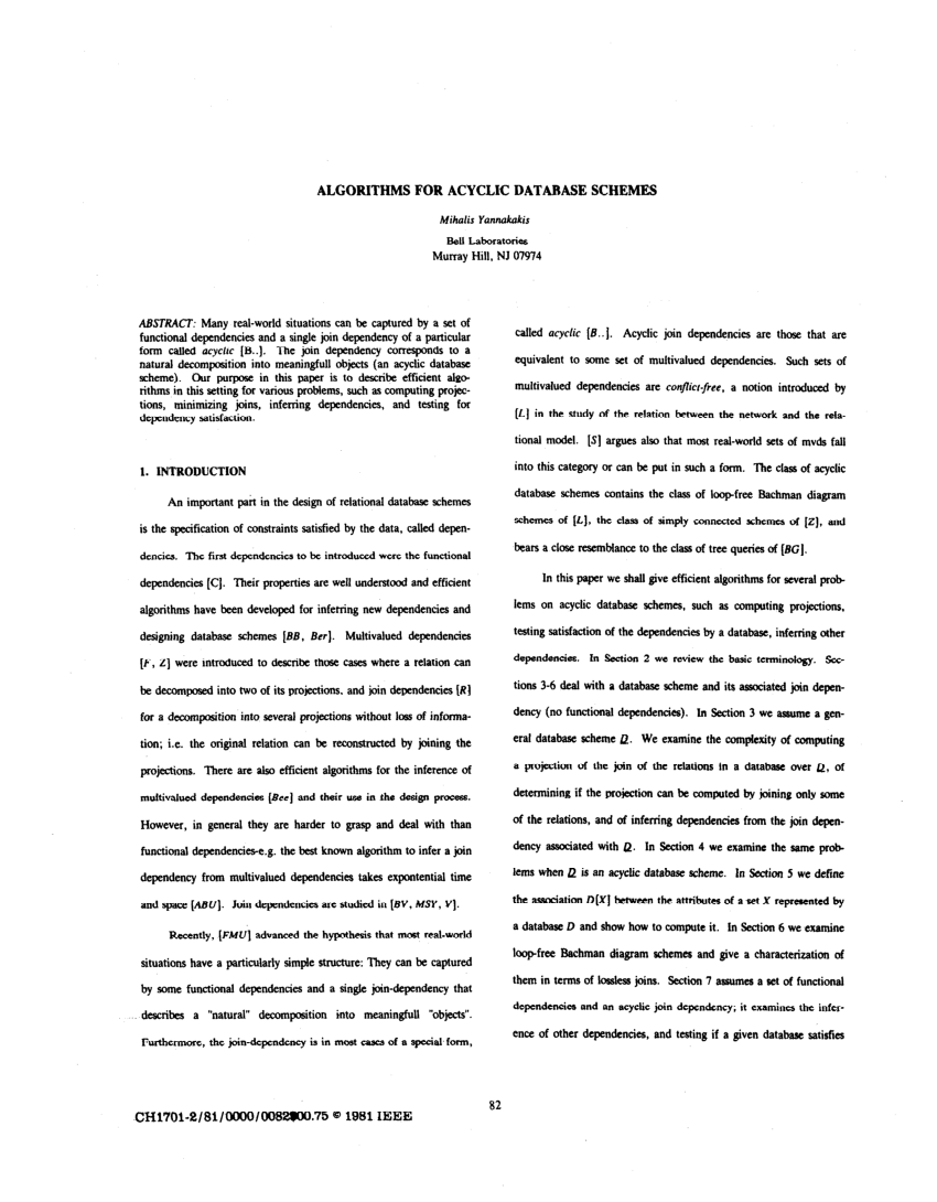 Pdf Algorithms For Acyclic Database Schemes