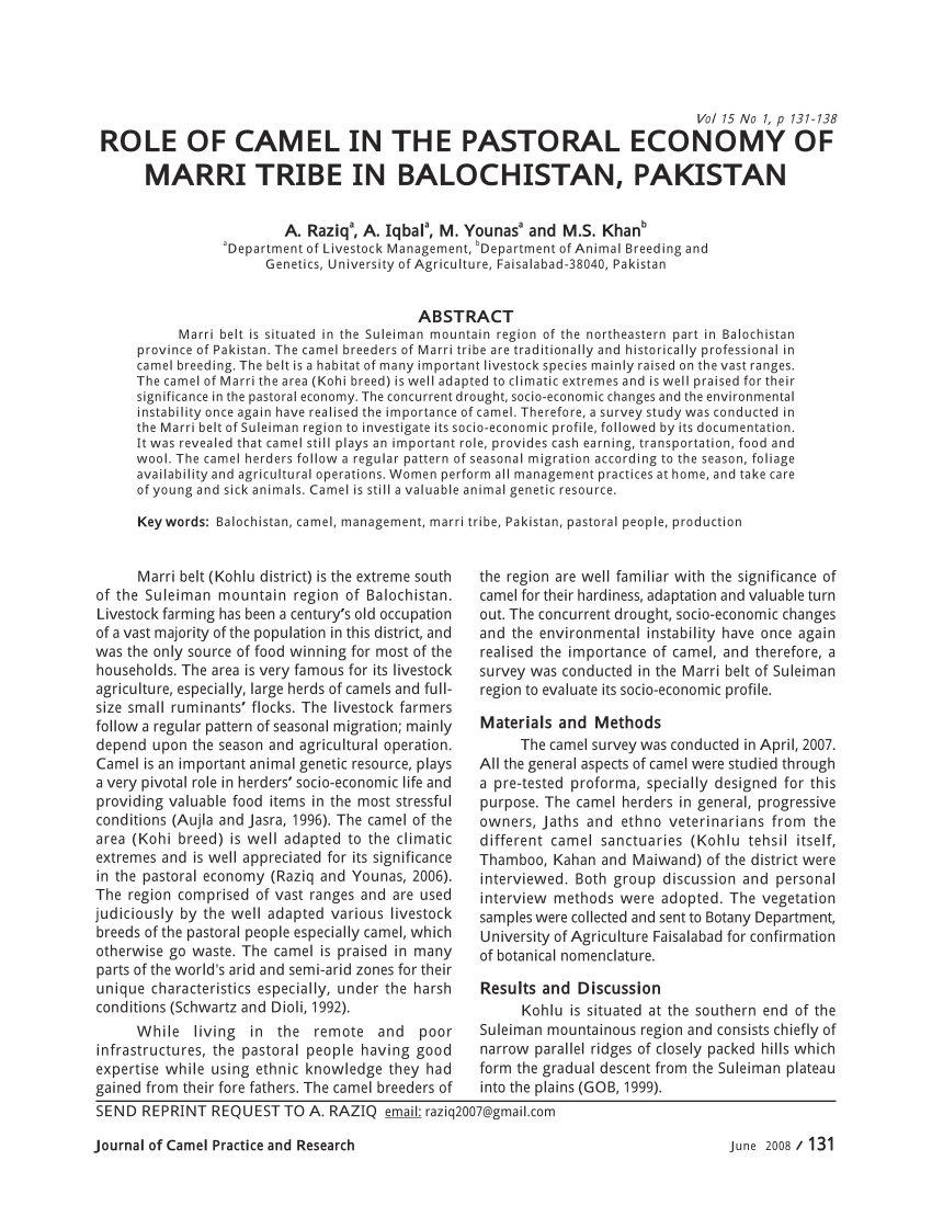 (PDF) Role of camel in the pastoral economy of Marri tribe ...