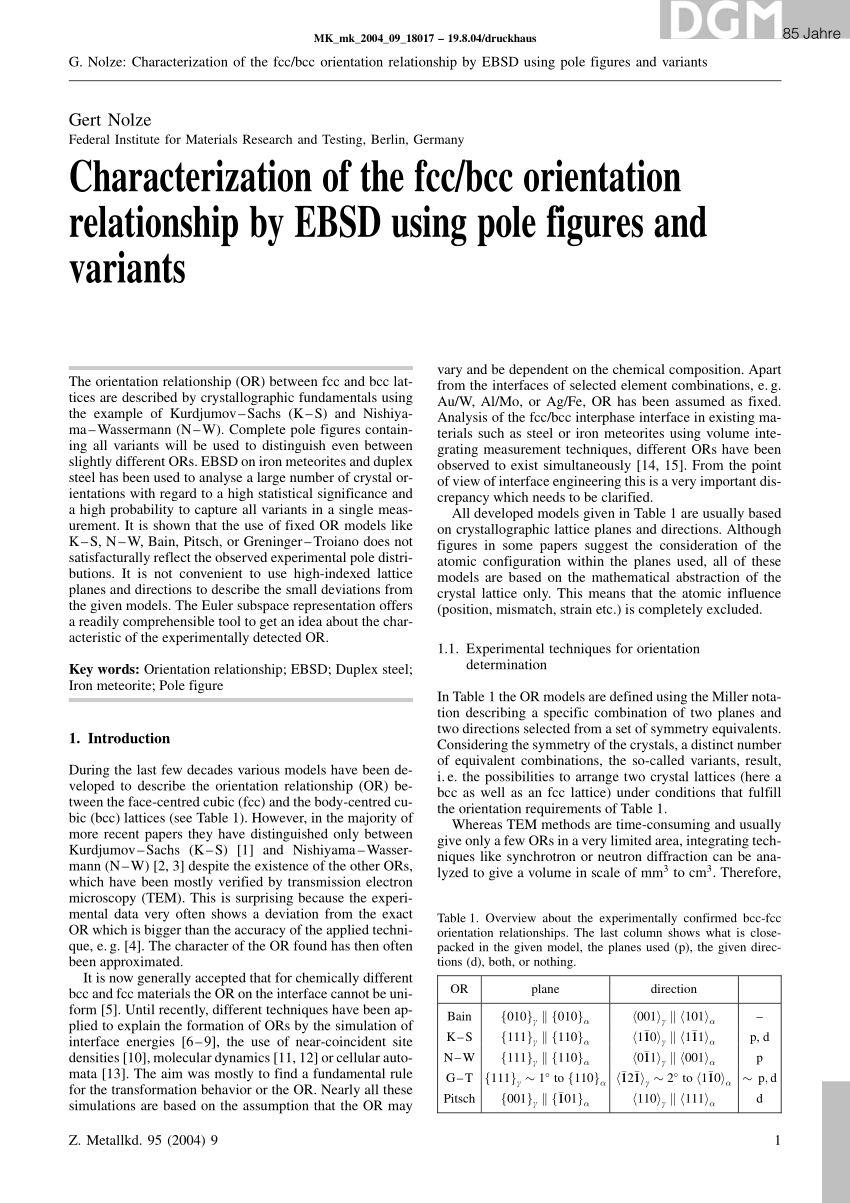 Pdf Characterization Of The Fcc c Orientation Relationship By Ebsd Using Pole Figures And Variants