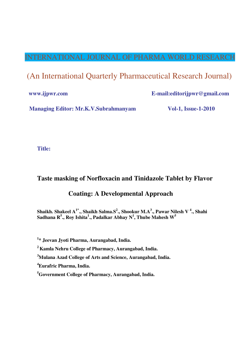 Pdf Taste Masking Of Norfloxacin And Tinidazole Tablet By Flavor Coating A Developmental Approach